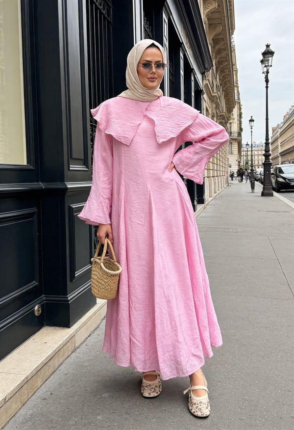 Romantik Pamuk Vual Astarlı Elbise - Pembe
