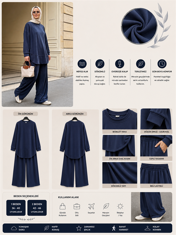 Pike Modal Oversize Pantolonlu Takım - Lacivert
