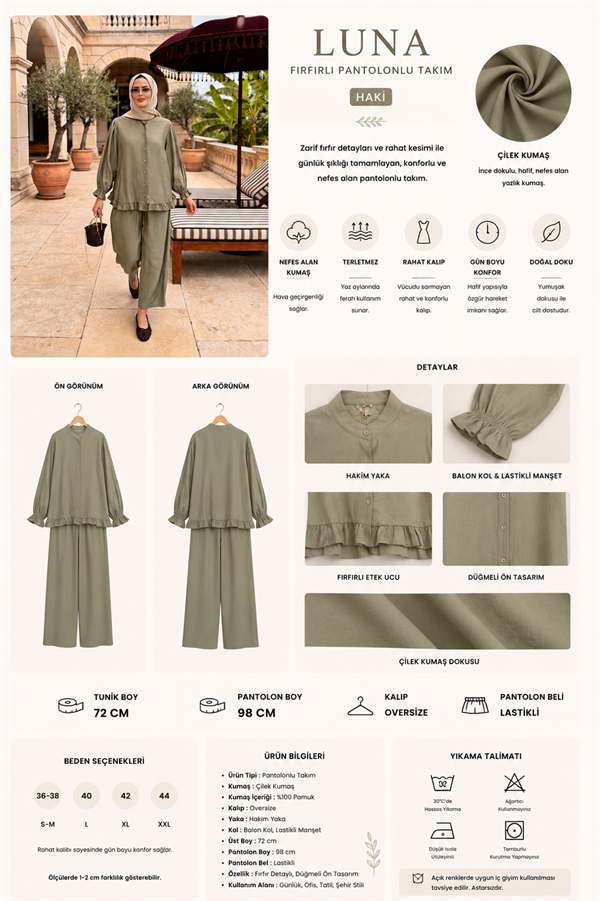 Lavin  Çilek Kumaş Fırfırlı Oversize Pantolonlu Takım-Haki