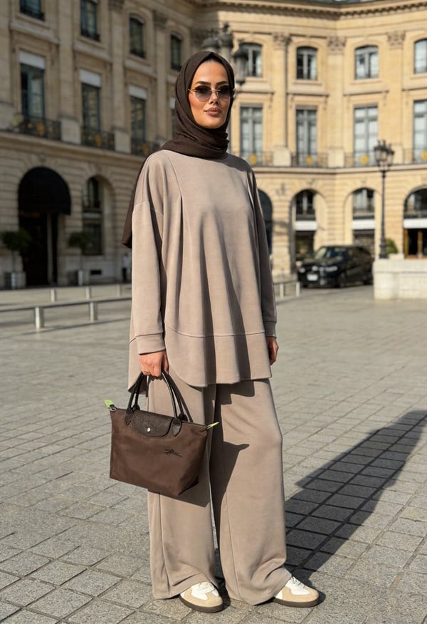 Pike Modal Oversize Pantolonlu Takım - Bej
