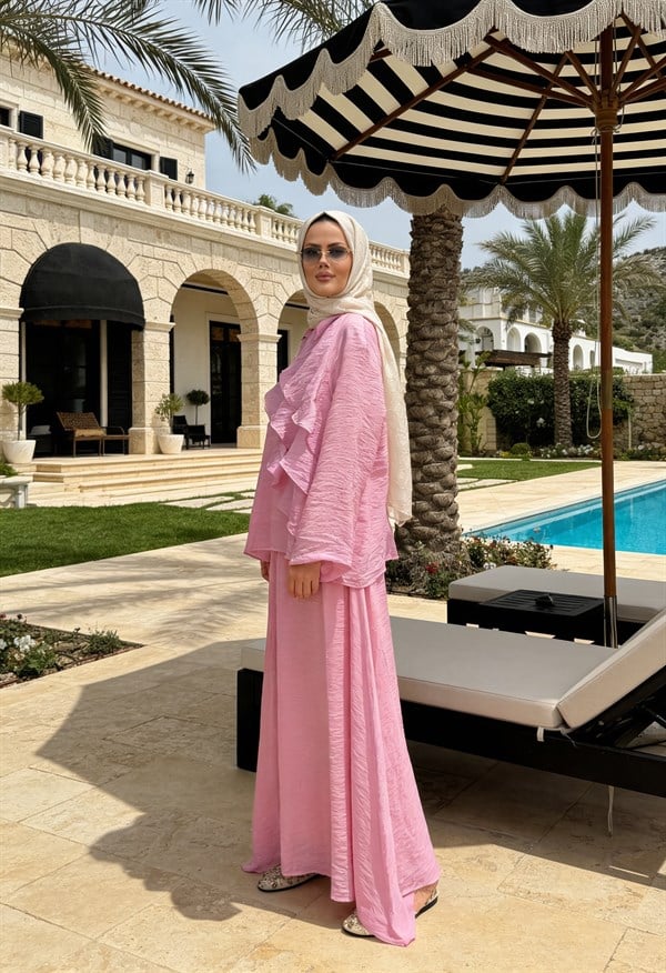 Volan Detaylı Etek Takım | Rahat Kalıp Tesettür Takım - Pembe
