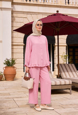 Lavin  Çilek Kumaş Fırfırlı Oversize Pantolonlu Takım-Pembe