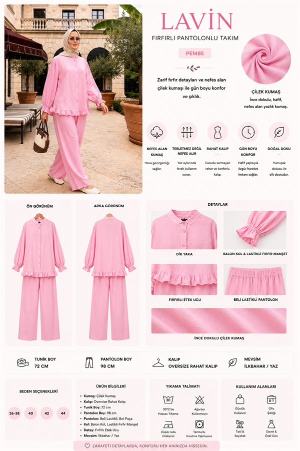 Lavin  Çilek Kumaş Fırfırlı Oversize Pantolonlu Takım-Pembe