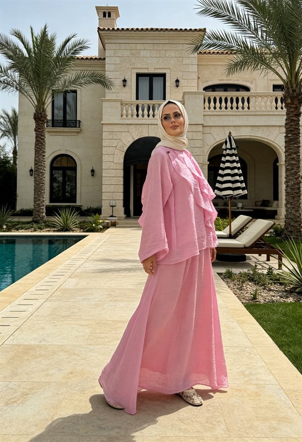 Volan Detaylı Etek Takım | Rahat Kalıp Tesettür Takım - Pembe