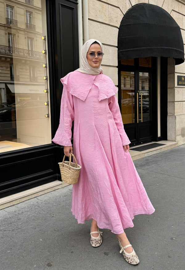 Romantik Pamuk Vual Astarlı Elbise - Pembe