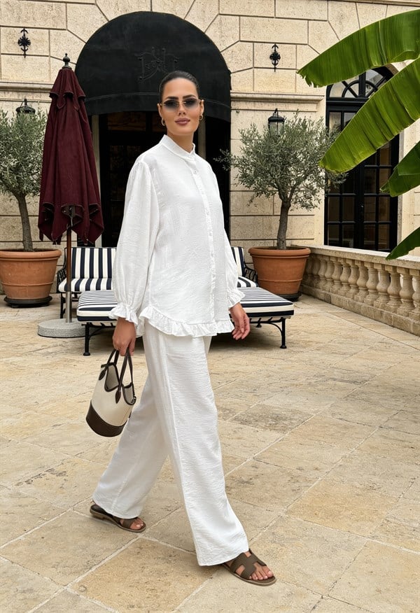 Lavin  Çilek Kumaş Fırfırlı Oversize Pantolonlu Takım-Ekru