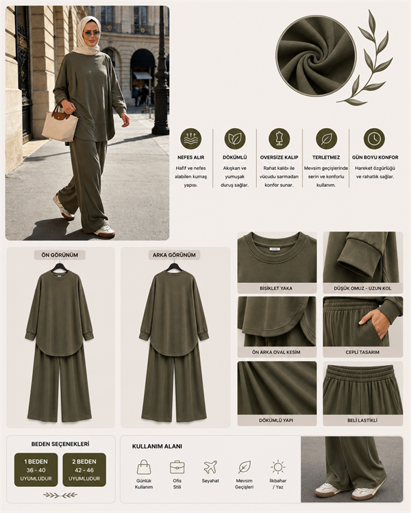 Pike Modal Oversize Pantolonlu Takım - Yeşil