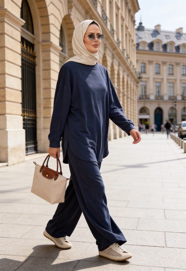 Pike Modal Oversize Pantolonlu Takım - Lacivert