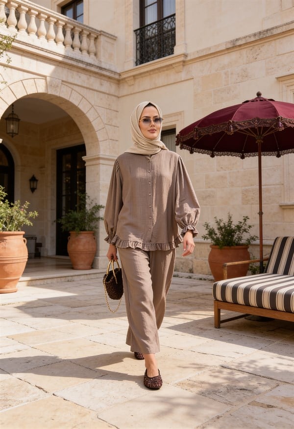 Lavin  Çilek Kumaş Fırfırlı Oversize Pantolonlu Takım-Vizon