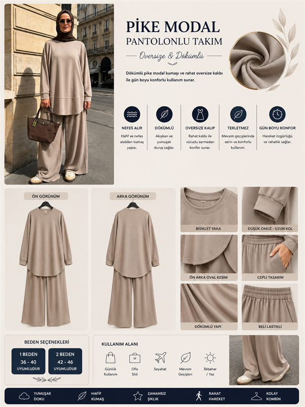 Pike Modal Oversize Pantolonlu Takım - Bej