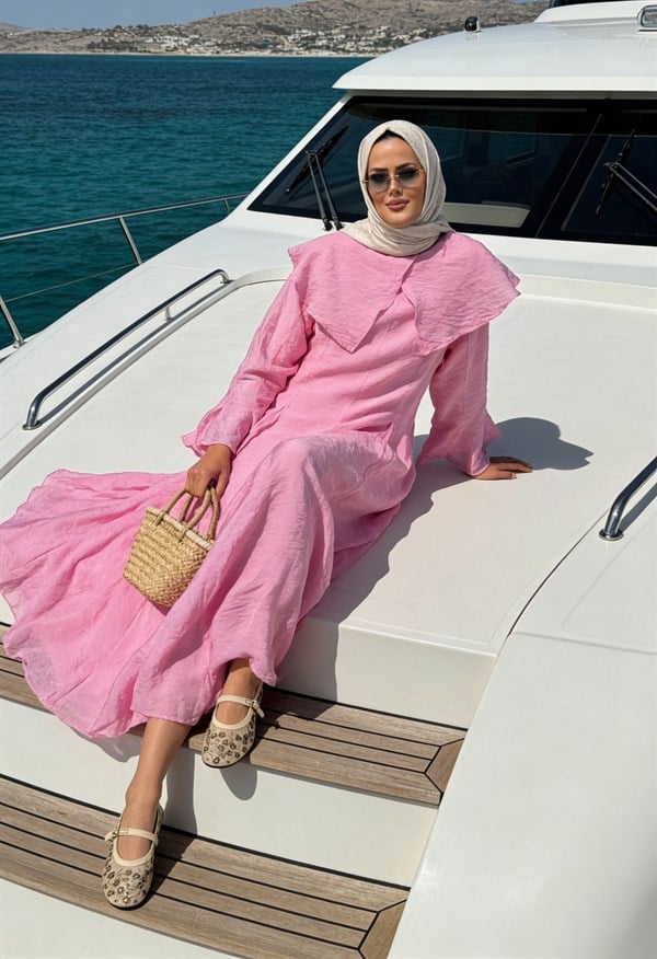 Romantik Pamuk Vual Astarlı Elbise - Pembe