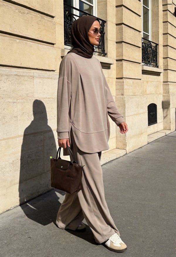 Pike Modal Oversize Pantolonlu Takım - Bej