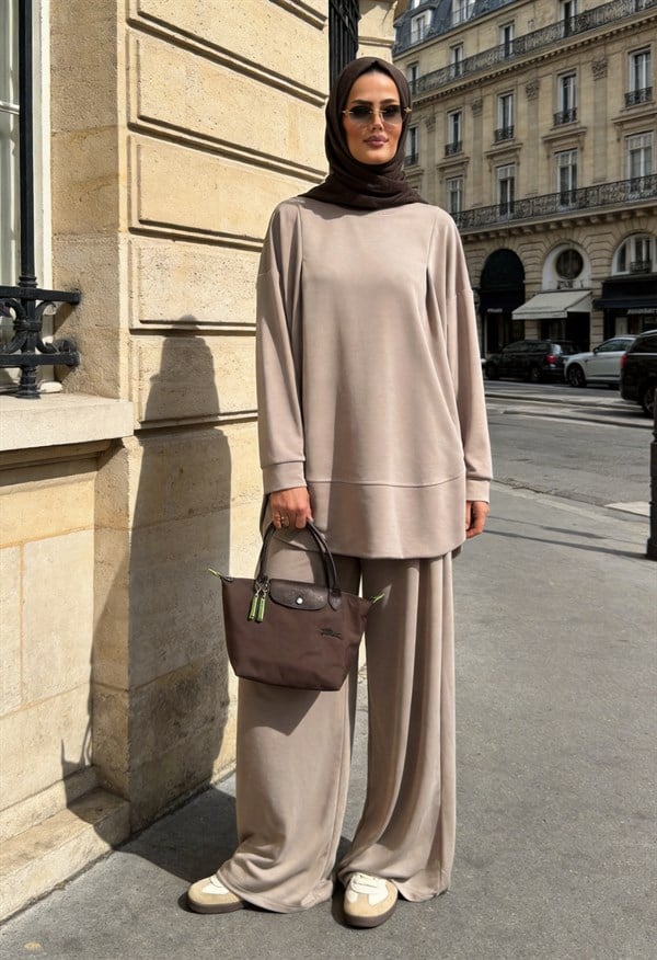 Pike Modal Oversize Pantolonlu Takım - Bej