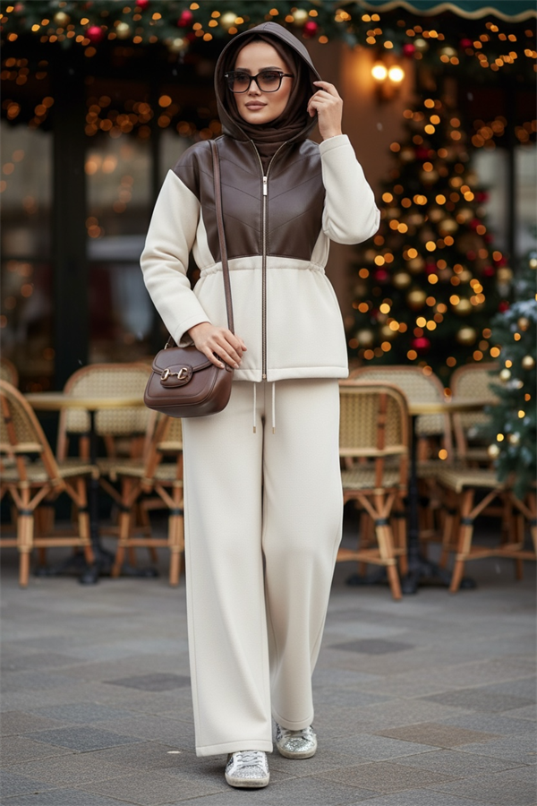 Milano Leather Set – Deri Detaylı Üç İplik Şardonlu Tesettür Takım Ekru