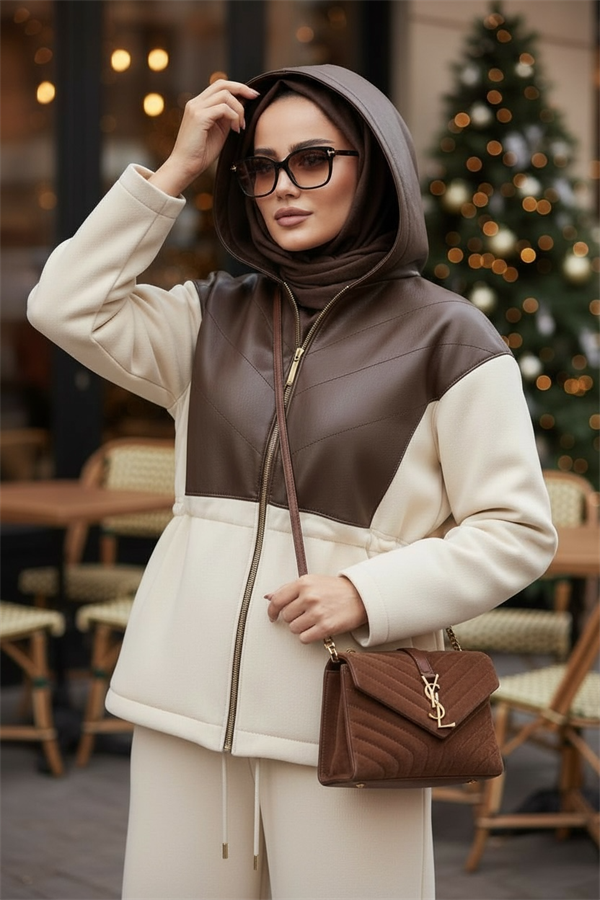 Milano Leather Set – Deri Detaylı Üç İplik Şardonlu Tesettür Takım Ekru