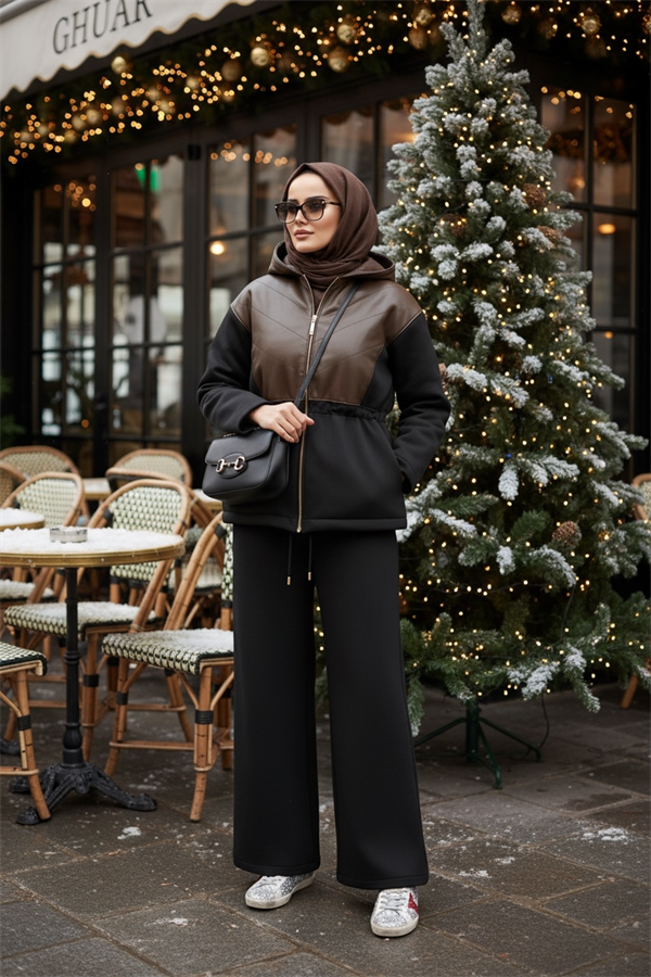 Milano Leather Set – Deri Detaylı Üç İplik Şardonlu Tesettür Takım Siyah