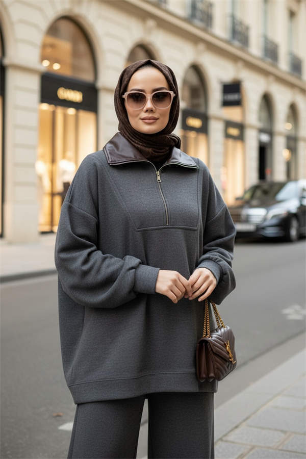 Oslo Comfort Set – Selanik Kumaş İkili Tesettür Takım Gri