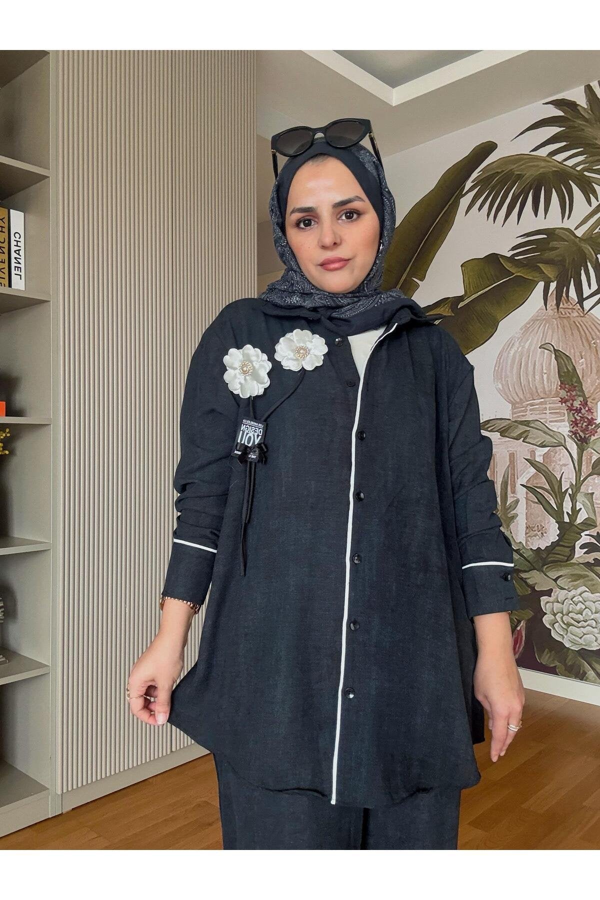Biyeli Çiçekli Pamuk Keten Gömlek Takım Siyah