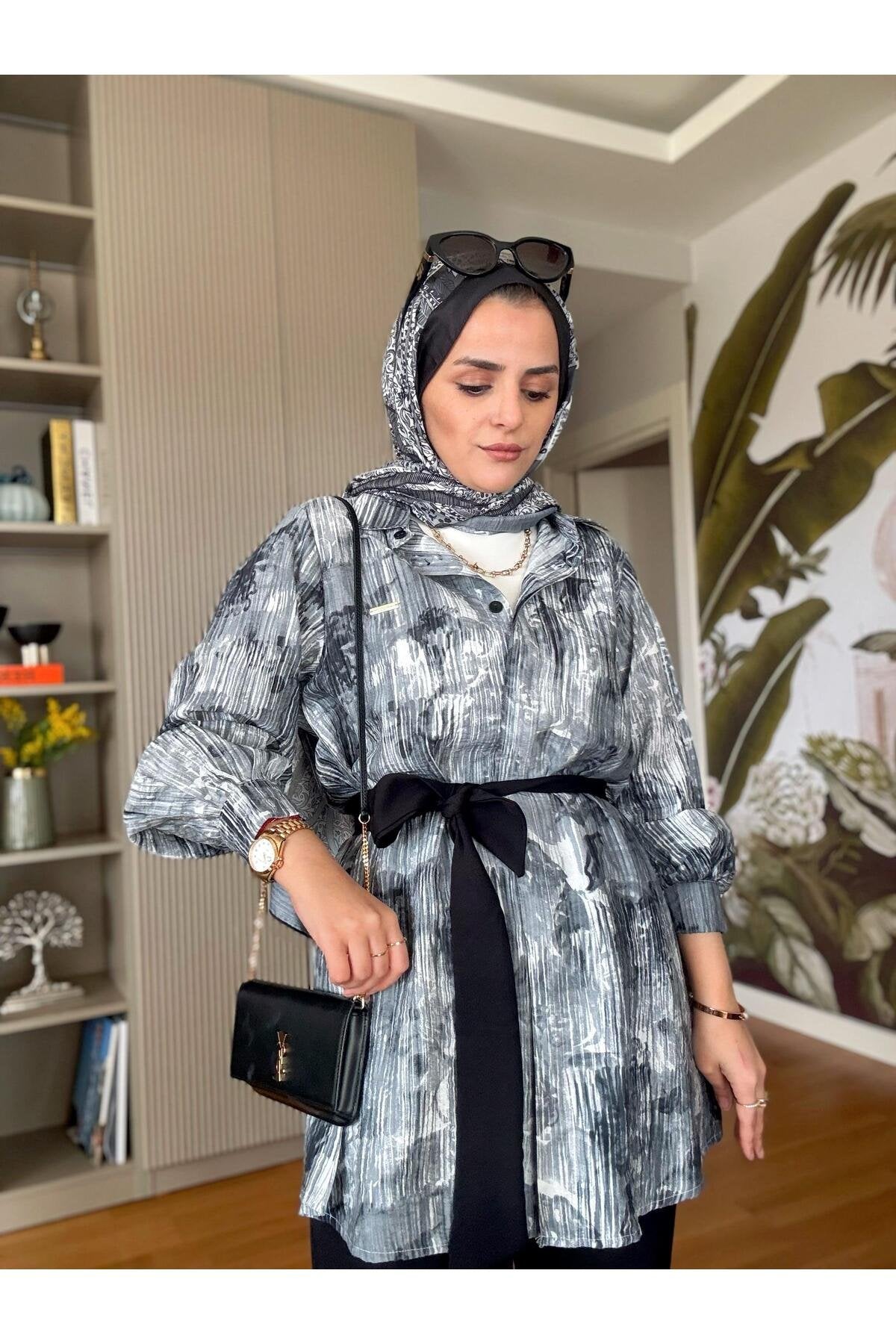 Bella Pamuklu Gömlek Desenli Krep Pantolon Takım Bej