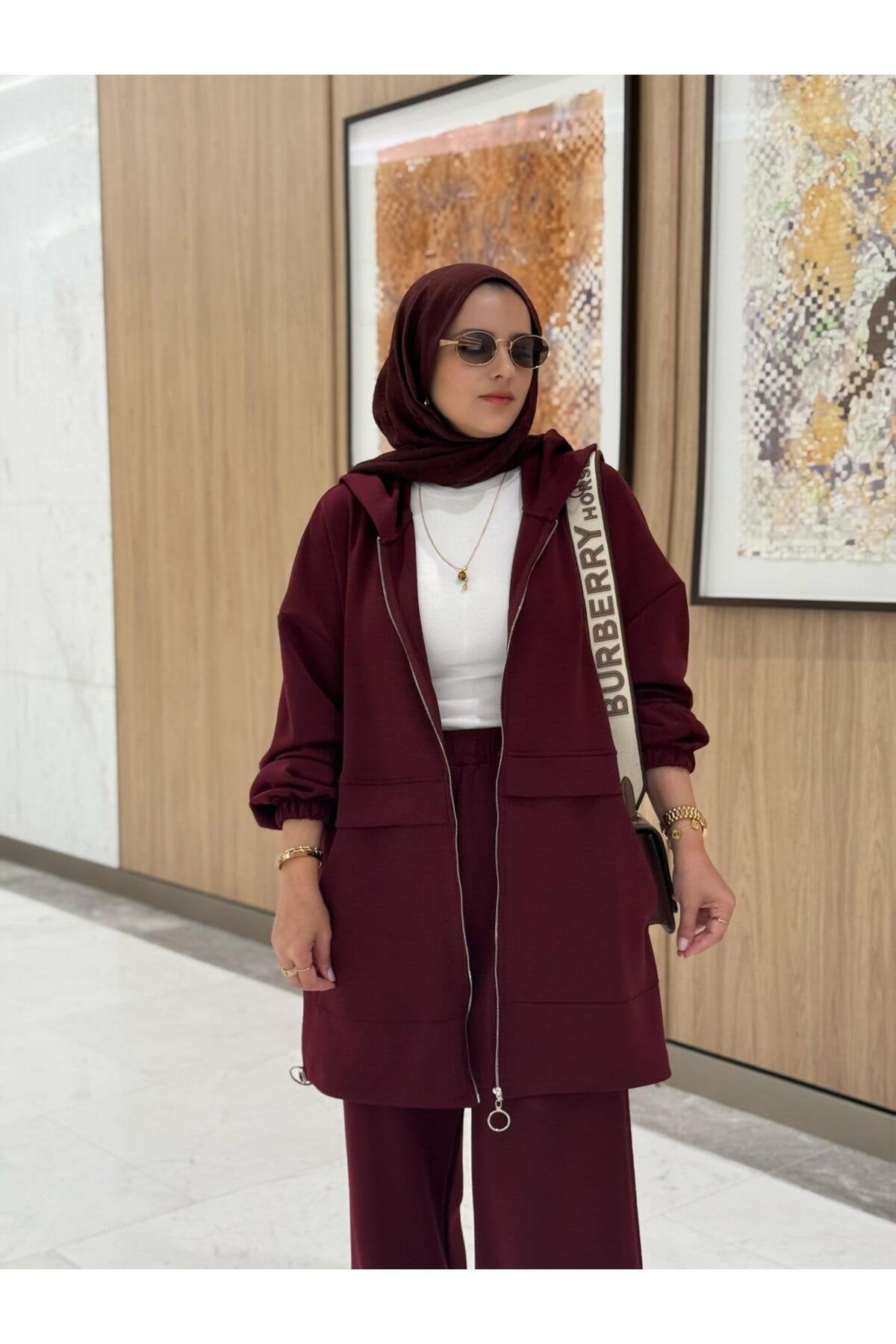 Velvet Modal Kapşonlu İkili Tesettür Takım Acıkahve