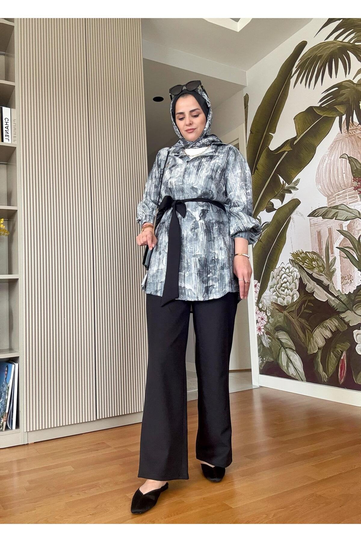 Bella Pamuklu Gömlek Desenli Krep Pantolon Takım Bej