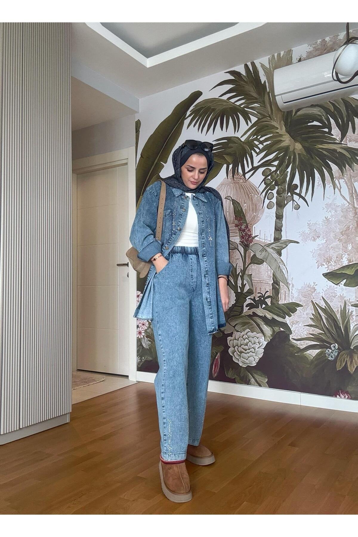 Üçgen Şerit Taş  Detaylı Denim Gömlek İkili Takım Açık  Mavi