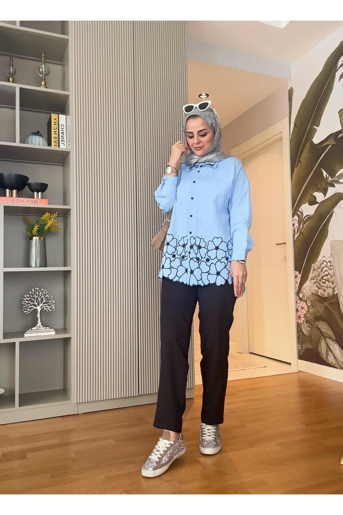 Gömlek Çiçekli Nakışlı Pamuklu İkili Takım Yağ yeşili
