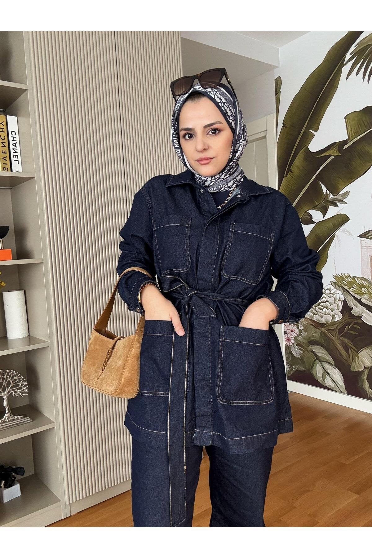Cepli Denim Kuşaklı Ceket Takım Koyu Mavi