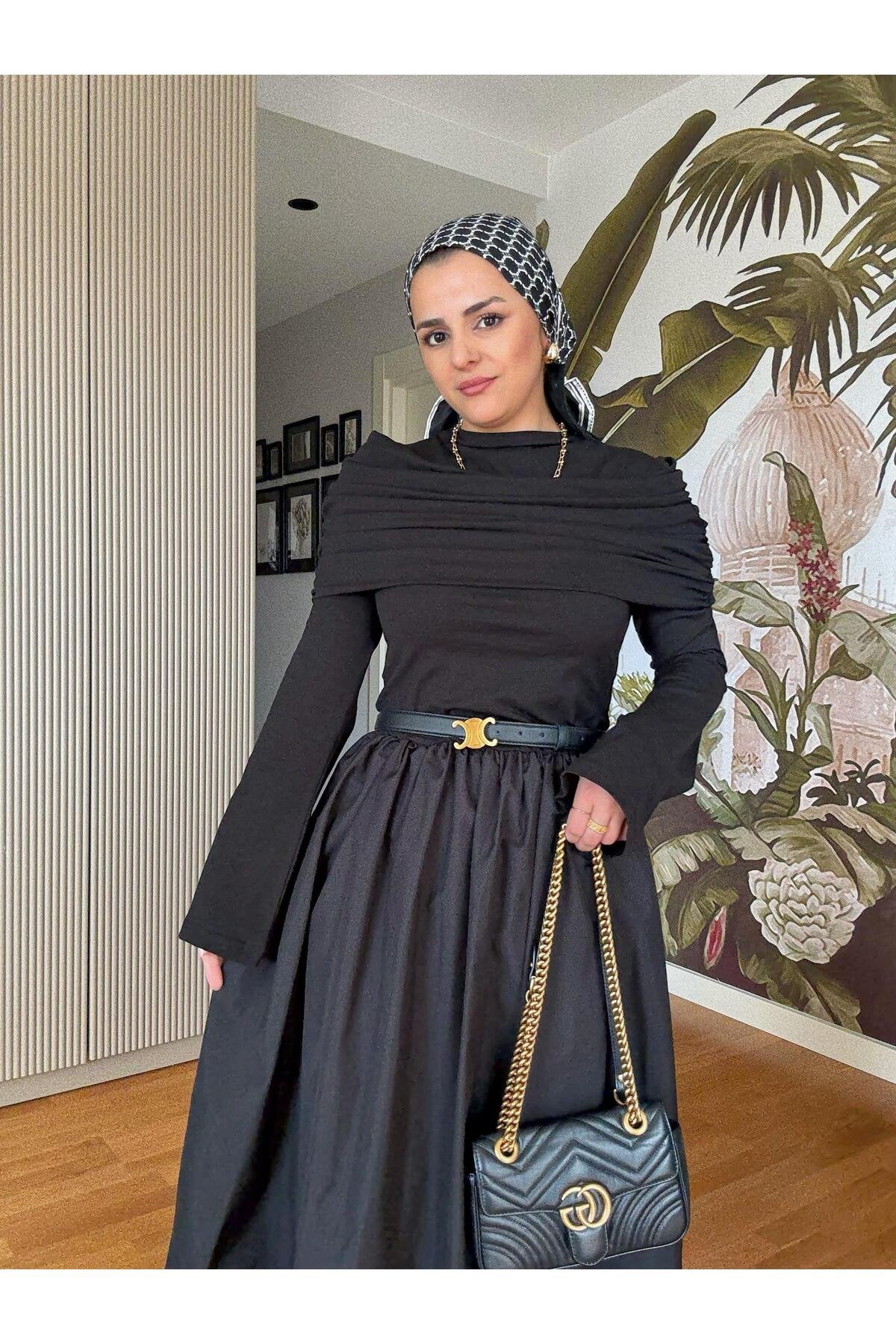 Kayık Yaka Pamuklu Roza Elbise Siyah