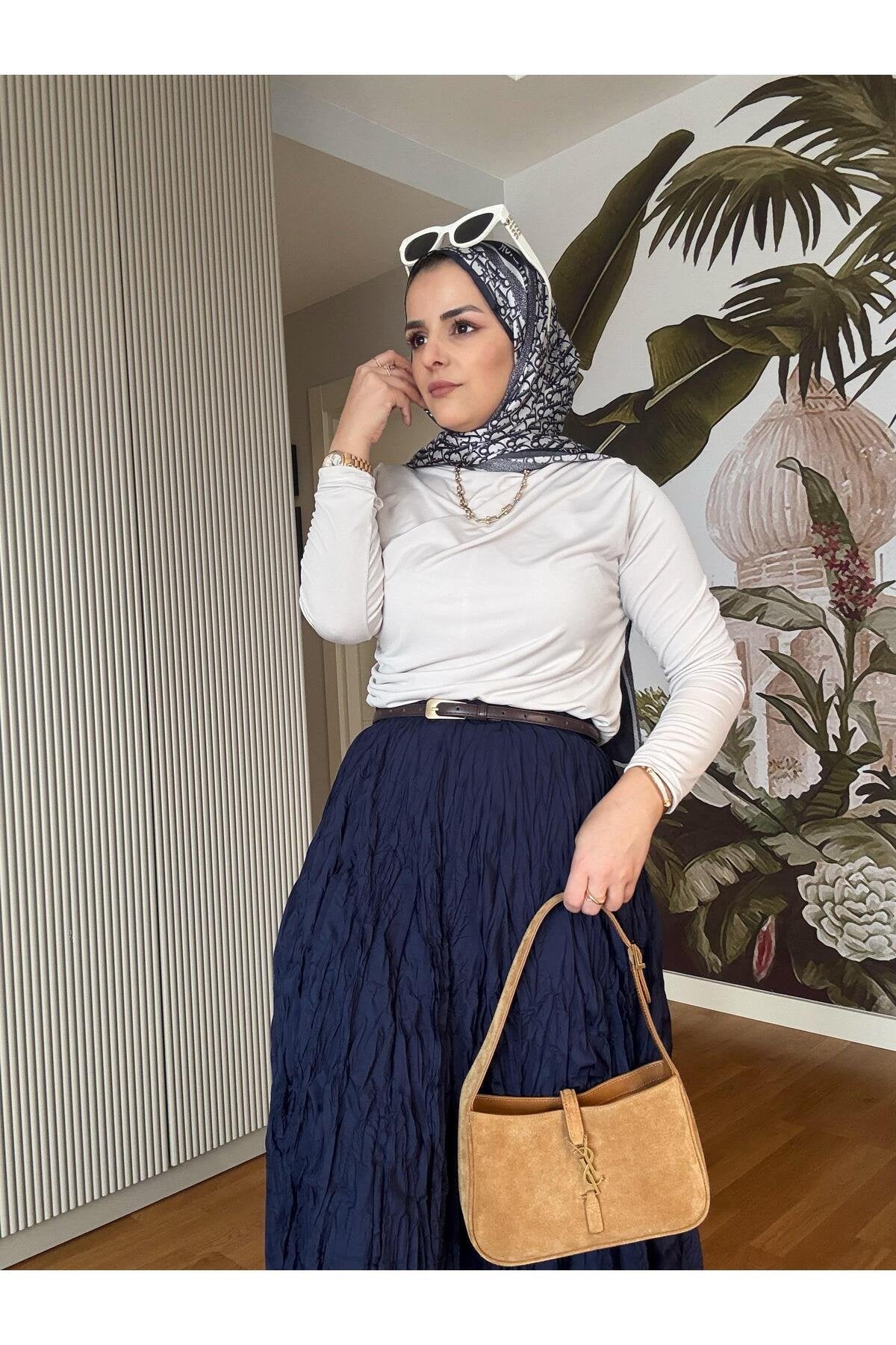 Kırışık Kumaşlı Etekli Takım Lacivert