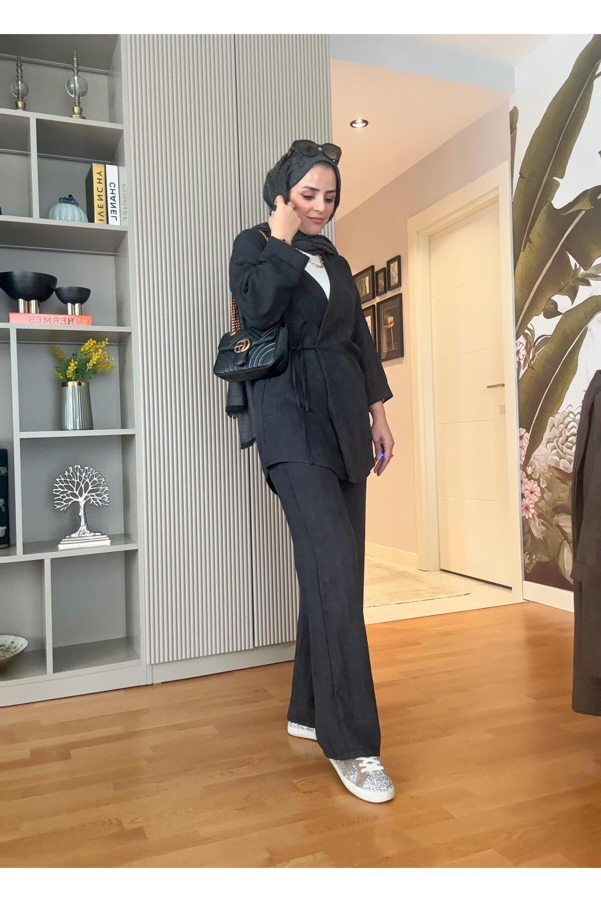 Kimona Pamuklu Bağlamalı Tunik Takım Bej