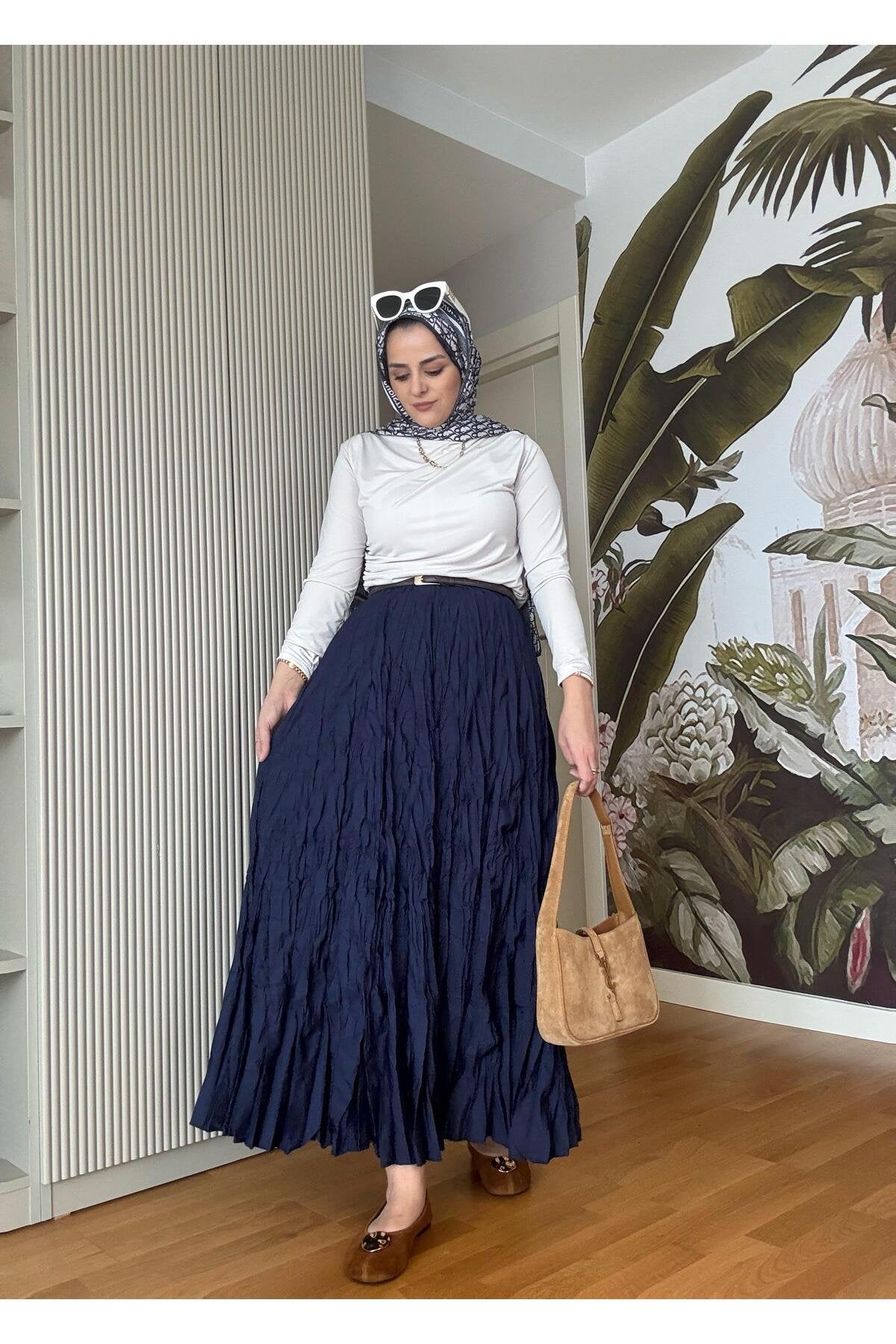 Kırışık Kumaşlı Etekli Takım Lacivert