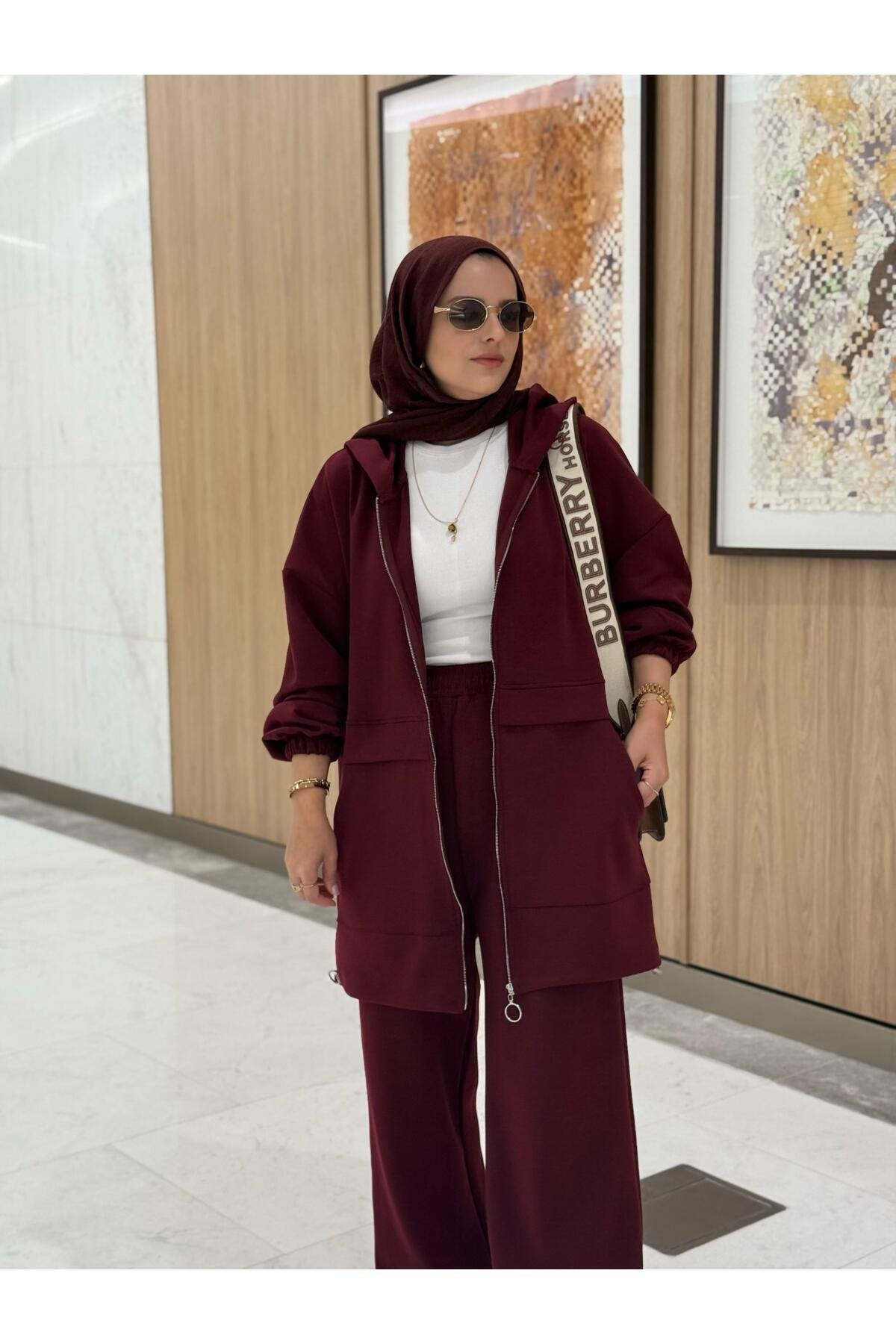 Velvet Modal Kapşonlu İkili Tesettür Takım Acıkahve