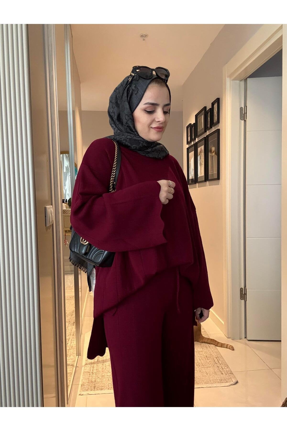 Fitilli Kolyeli Günlük Triko Ikili Takım Bordo