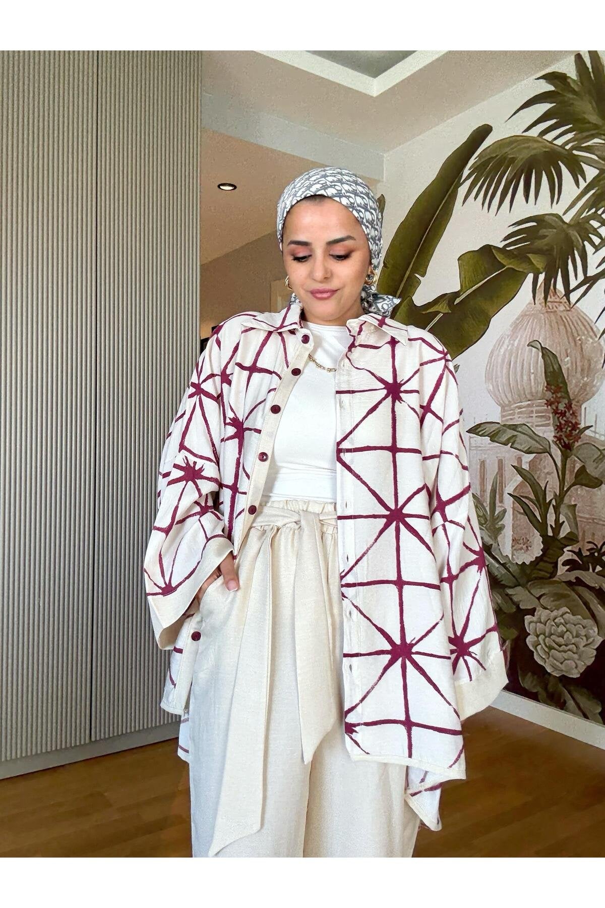 Çizgili Pamuk Keten Kimono Takım | Yazlık Rahat Tesettür İkili Takım Siyah