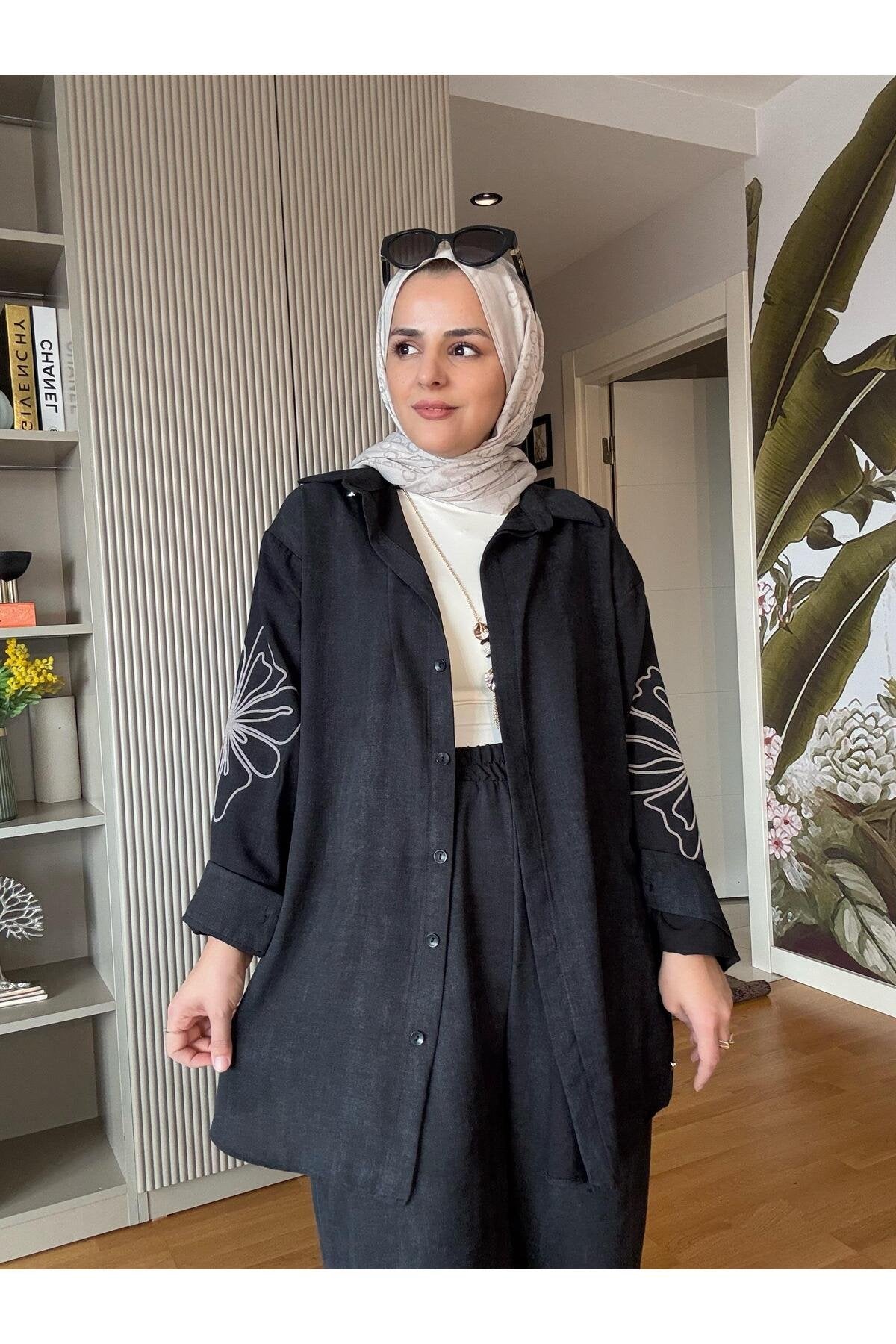 Keten Kol Çiçek Baskı  Detaylı Kolyeli Gömlek Takım Yağyeşil