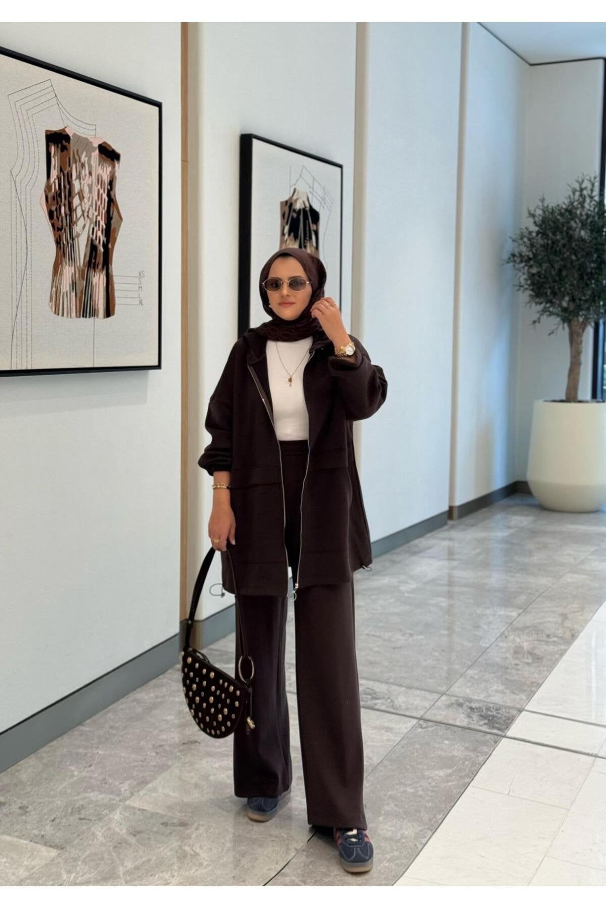 Velvet Modal Kapşonlu İkili Tesettür Takım Acıkahve