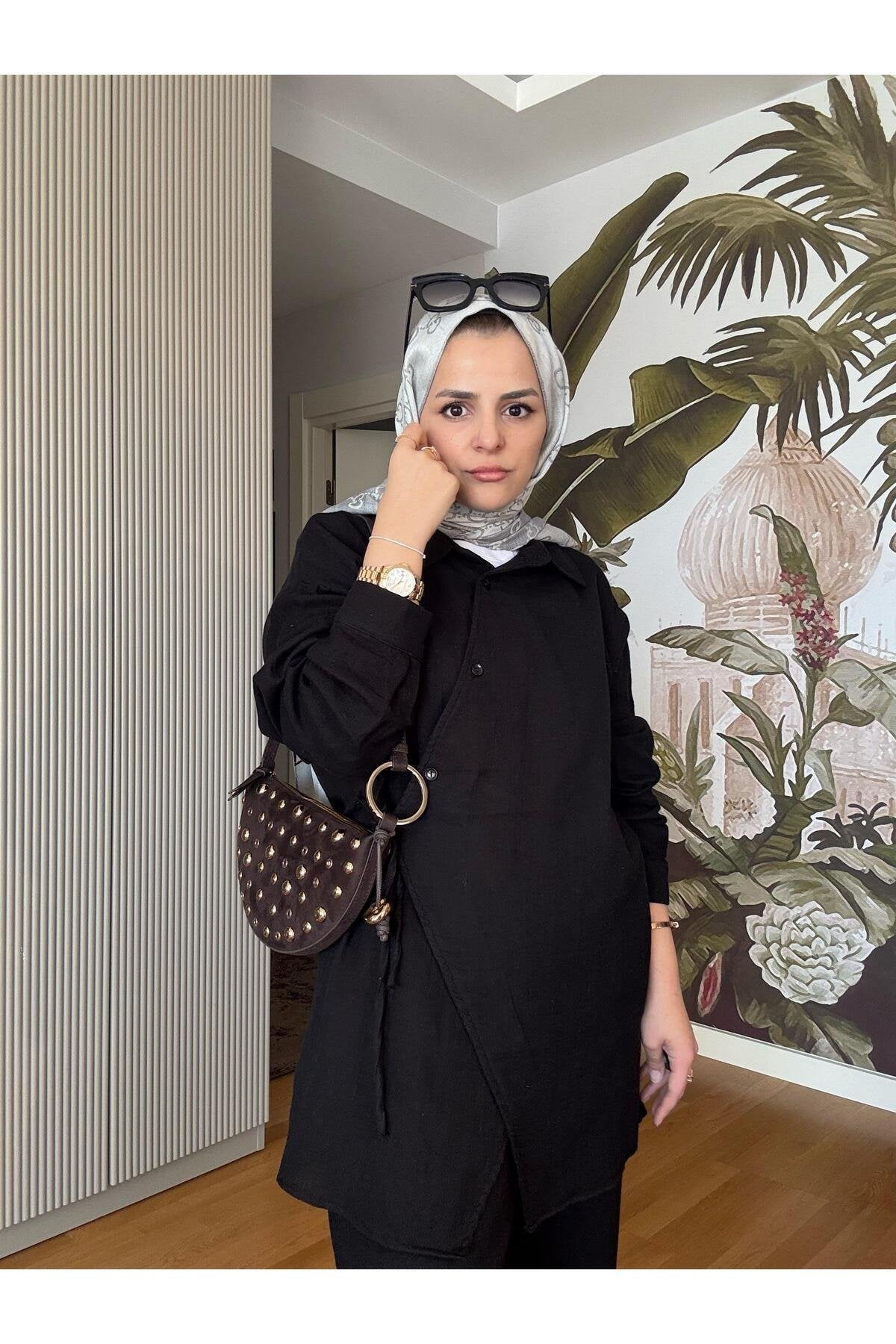 Kimona Müslin Pamuklu Gömlek Takım Siyah