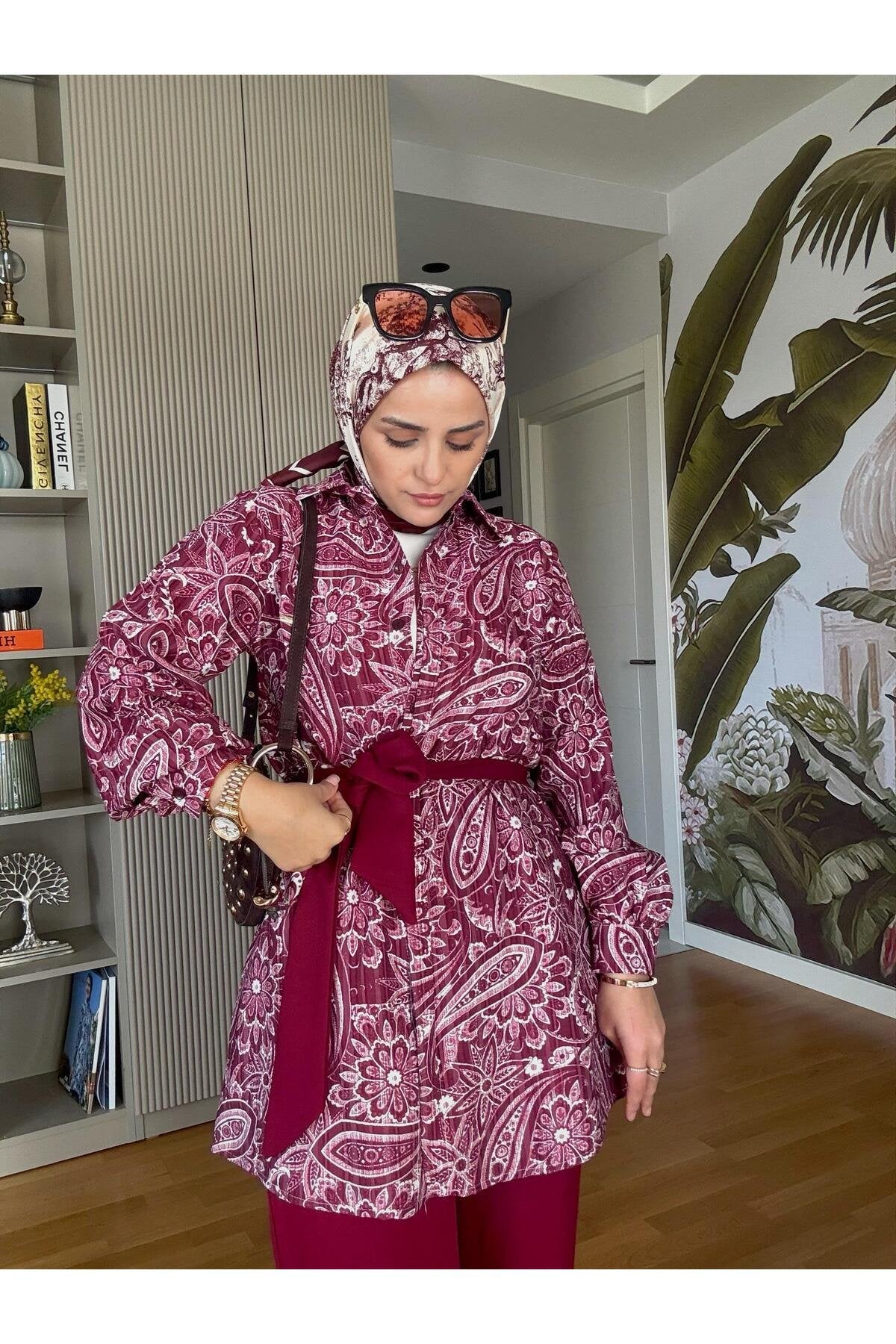 Bahar Pamuklu Gömlek Desenli Krep Pantolon Takım Vizon
