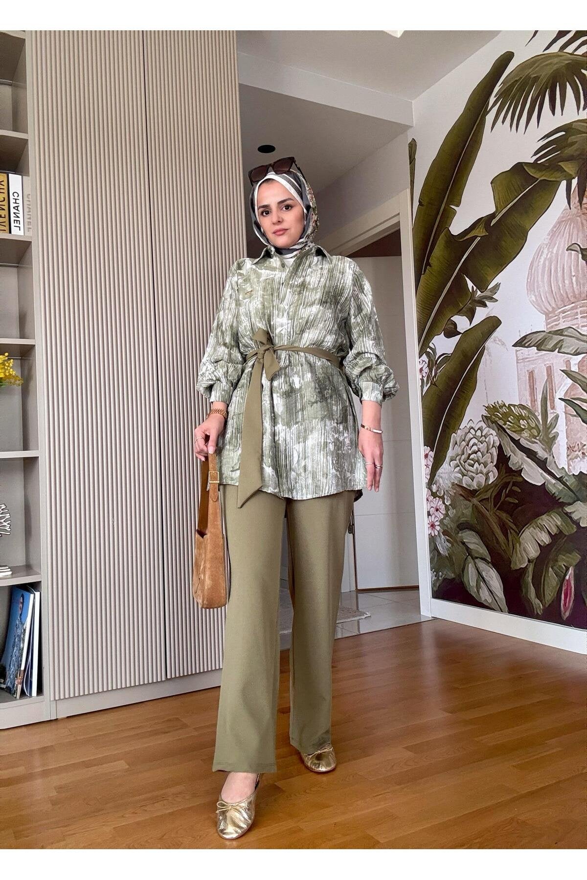 Bella Pamuklu Gömlek Desenli Krep Pantolon Takım Bej