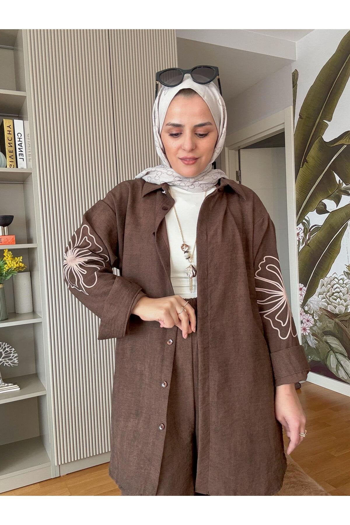 Keten Kol Çiçek Baskı  Detaylı Kolyeli Gömlek Takım Yağyeşil