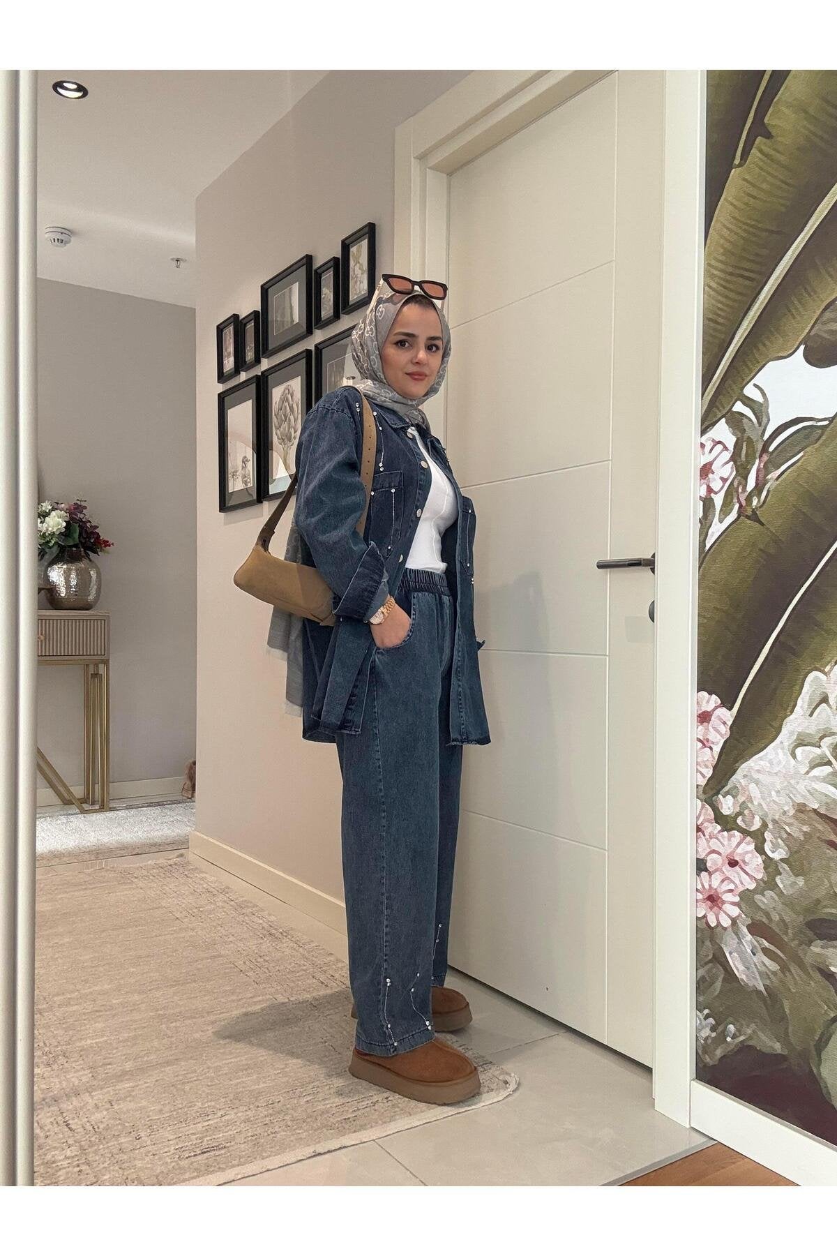 Pantolon-Gömlek  Taş Detaylı   Denim Gömlek İkili Takım Koyu Mavi Kadın Tesettür Giyim