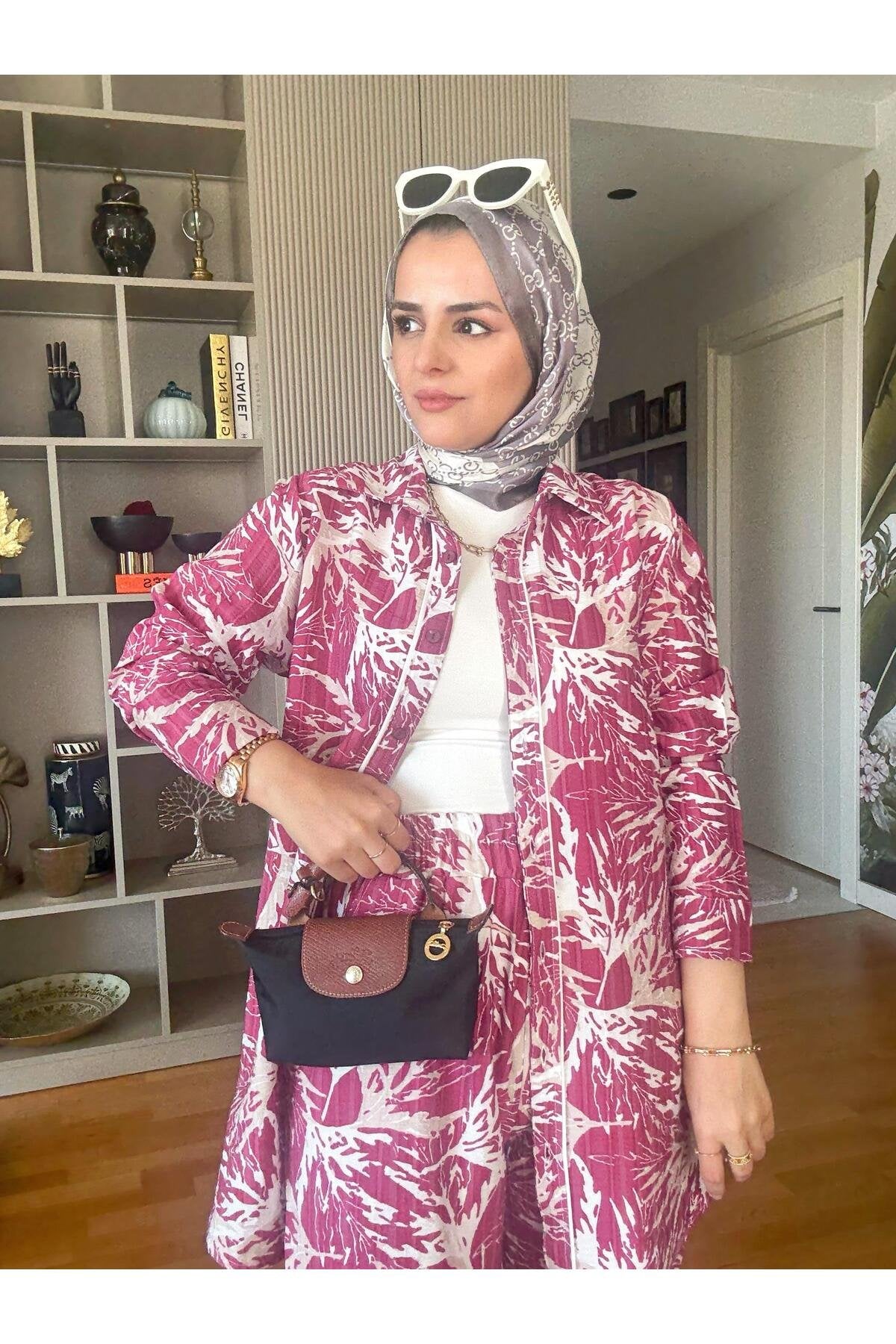 Pamuk Keten Desenli Biyeli Gömlek Takım Pembe