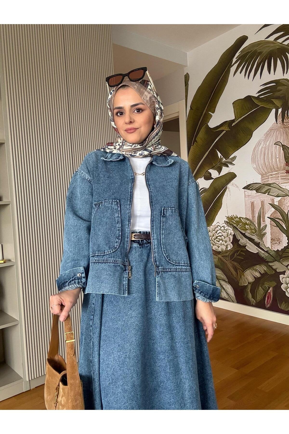 Denim Fermuarlı Çan Etek Takım Lacivert