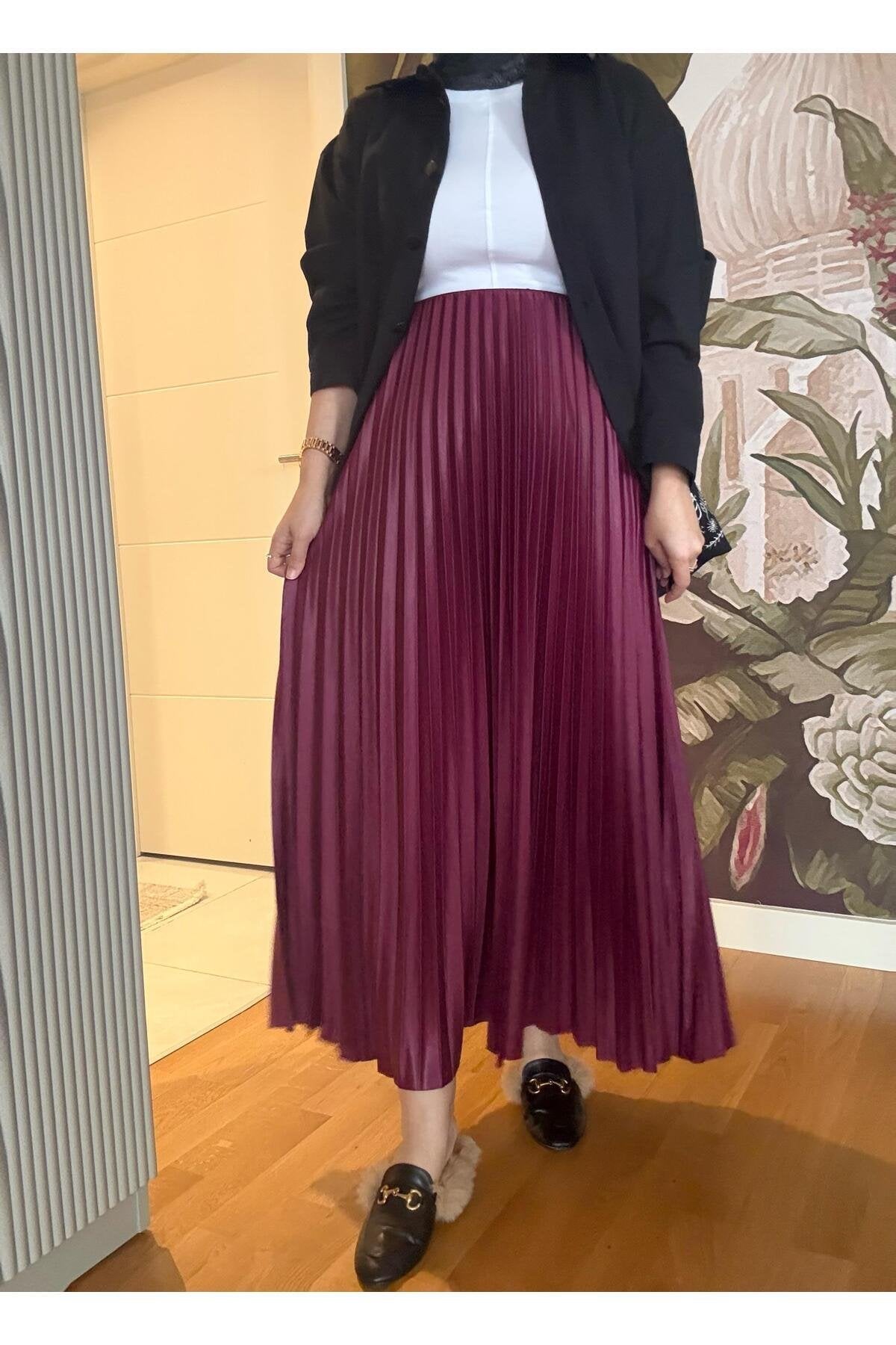 Pileli Maxi Boy Etek Bordo