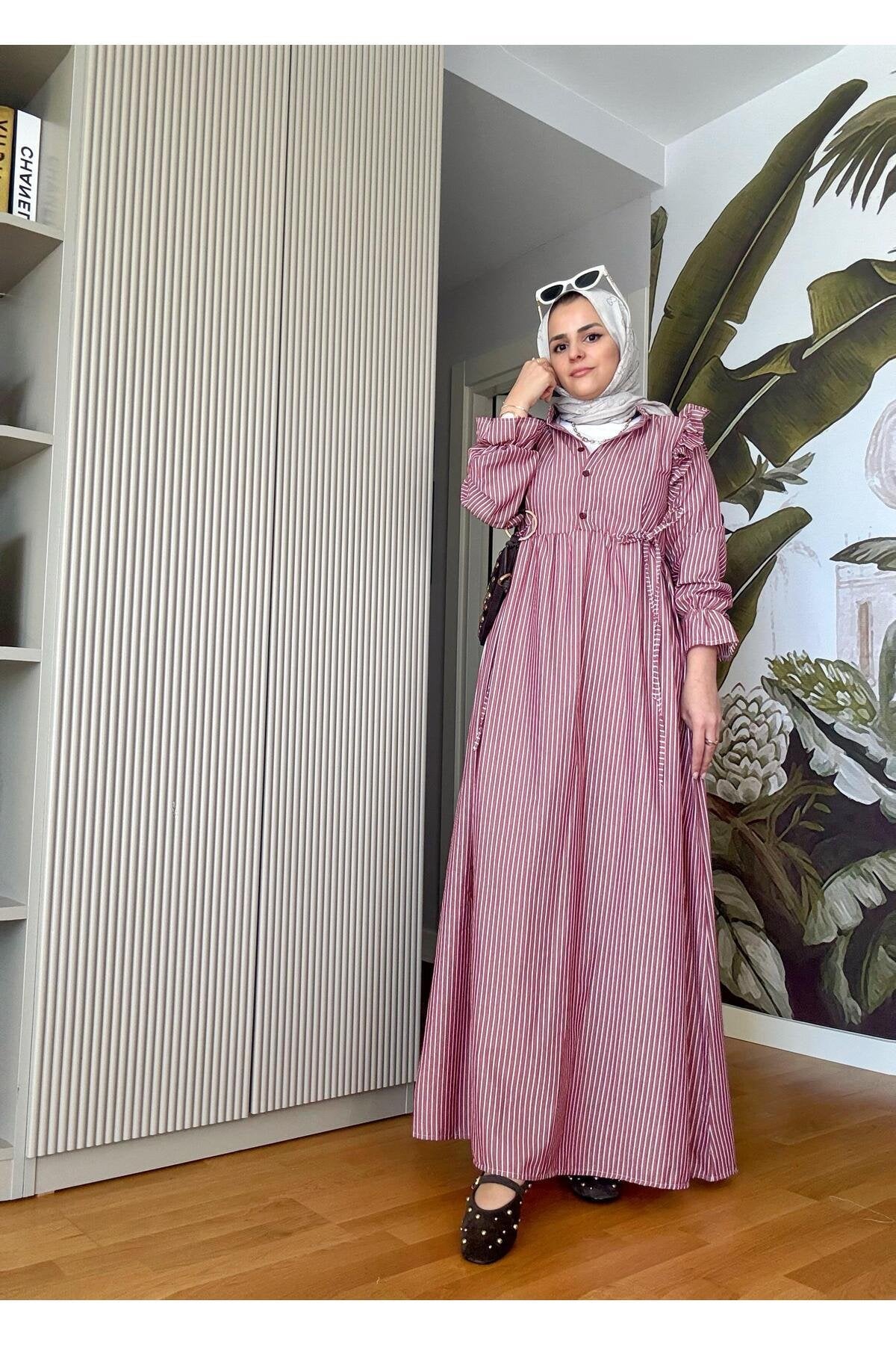Çizgili Gömlek Elbise Robalı Düğmeli Bordo