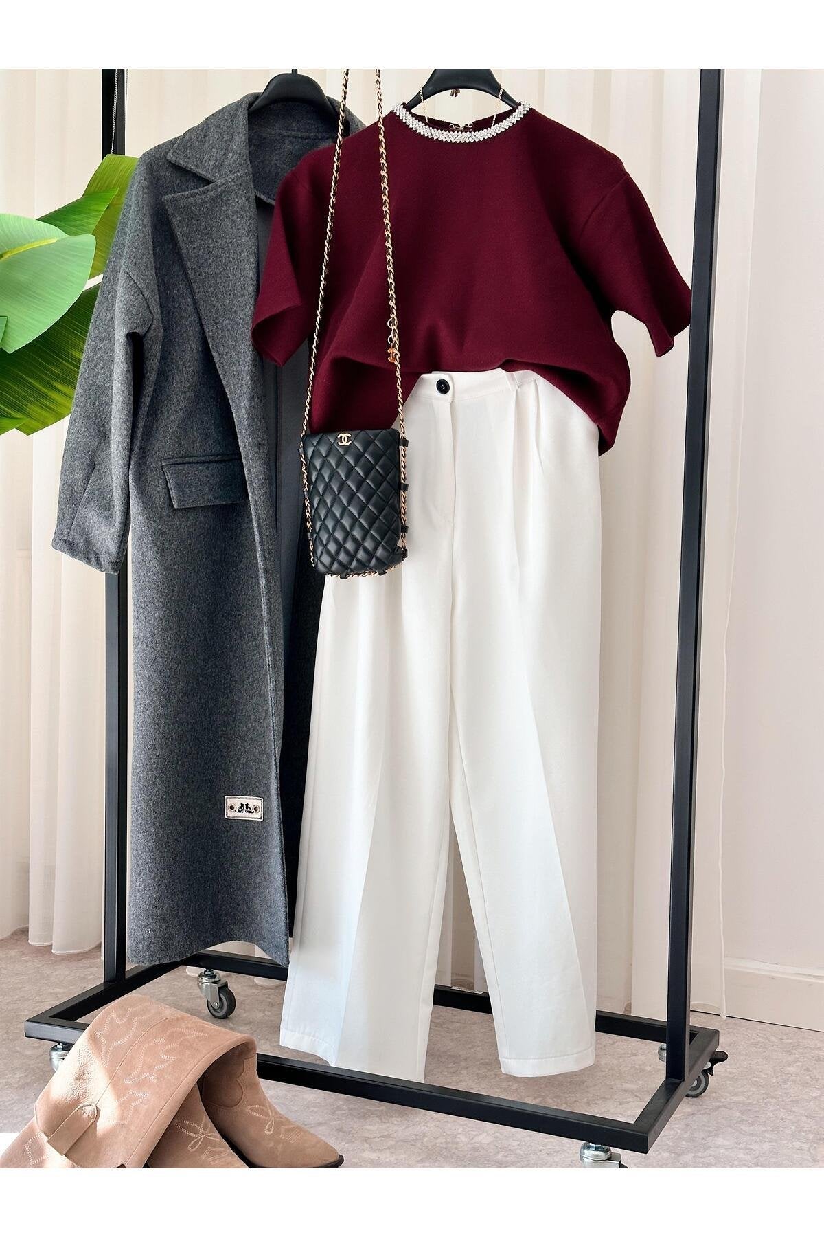 Taşlı Premium Yumoş Triko Tişört Bordo