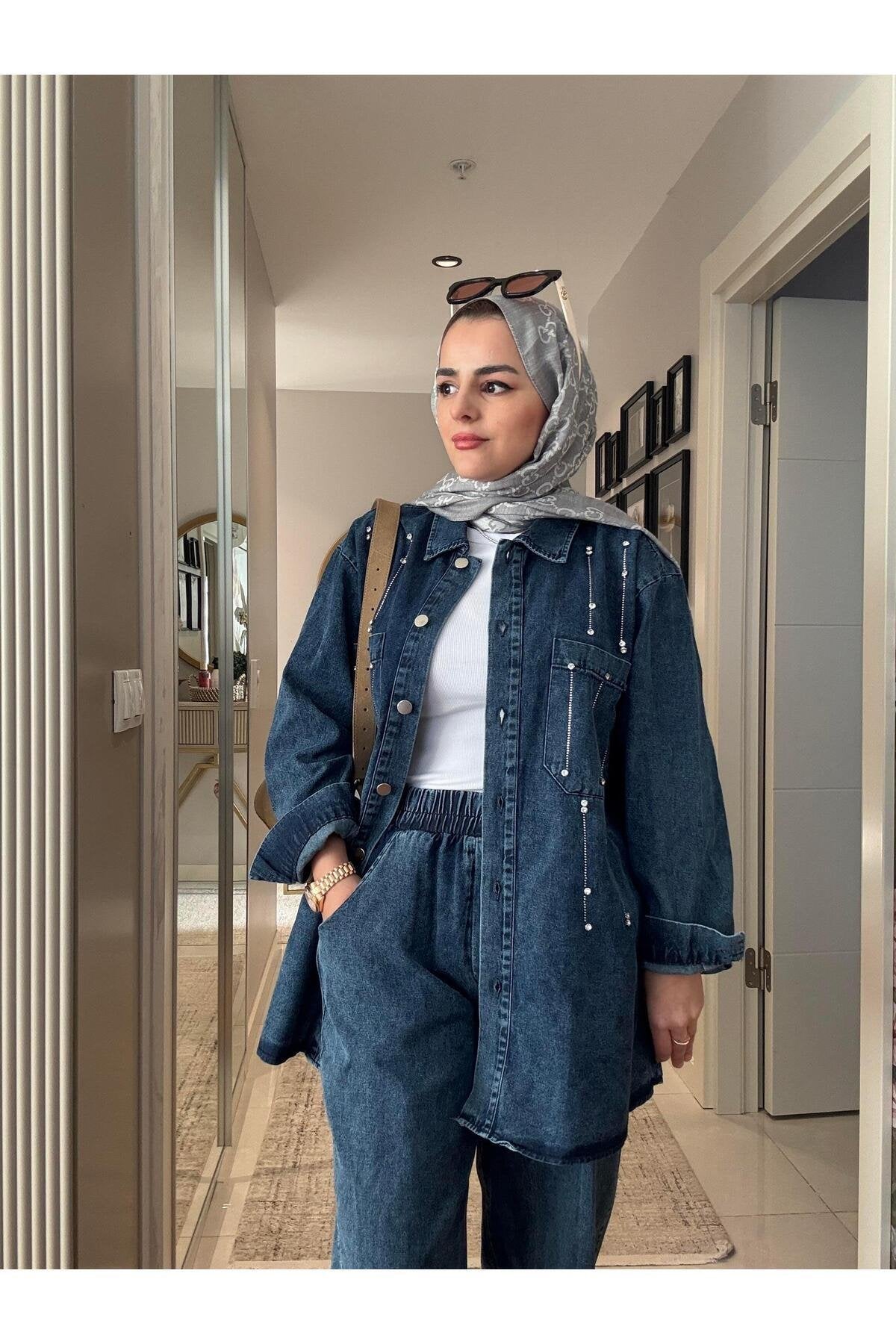 Pantolon-Gömlek  Taş Detaylı   Denim Gömlek İkili Takım Koyu Mavi Kadın Tesettür Giyim