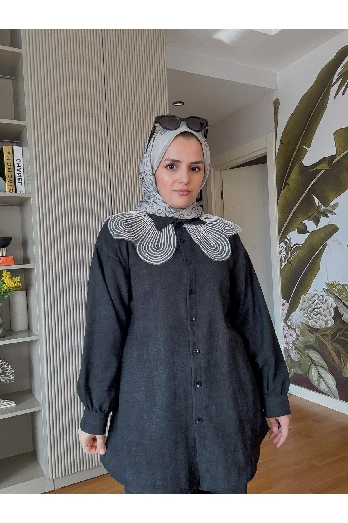 Keten Dantel Yaka Detaylı Gömlek Takım Siyah