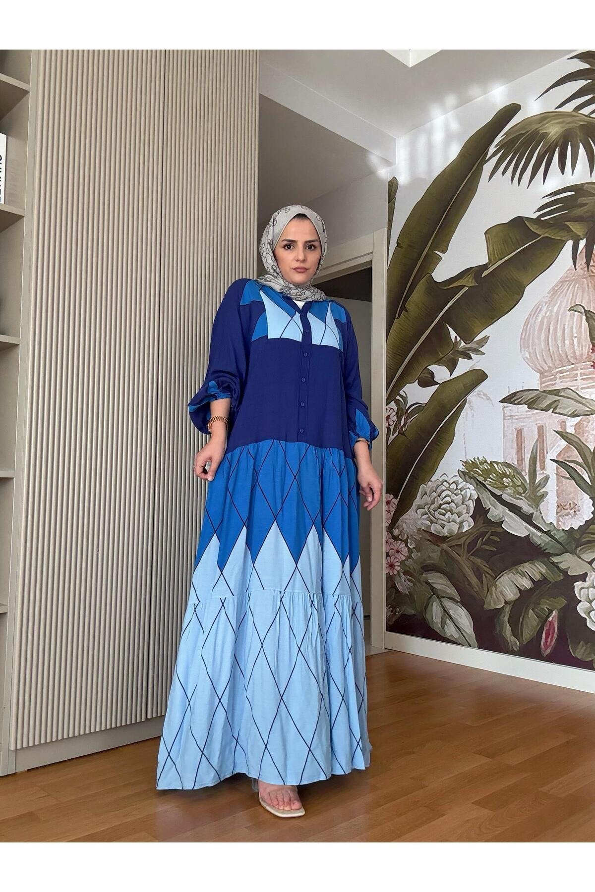 Pamuk Viskon Robalı Düğmeli Elbise Mavi